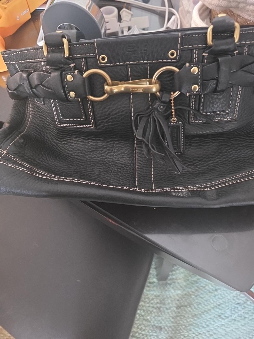 Coach Black Leather Shoulder Bag with Braided Strap and Bridle Bit Hardware